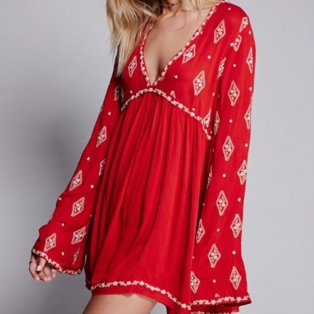 Free People Shirt Womens Sz S RED Diamond Tunic Boho Hippie Artsy